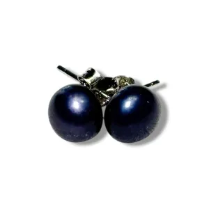 creates Pearl Button Stud Earrings Freshwater Cultured Sterling Silver Stud Back 7.5mm-8mm Pearl Size (With Gift Box) (Black)