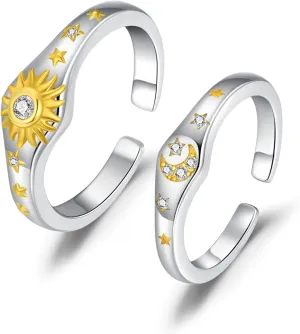 Cuoka Sun Moon Couple Rings 925 Sterling Silver Sun and Moon Couple Promise Matching Rings Set,Fashion Celestial Engagement Ring Jewelry for Him and Her