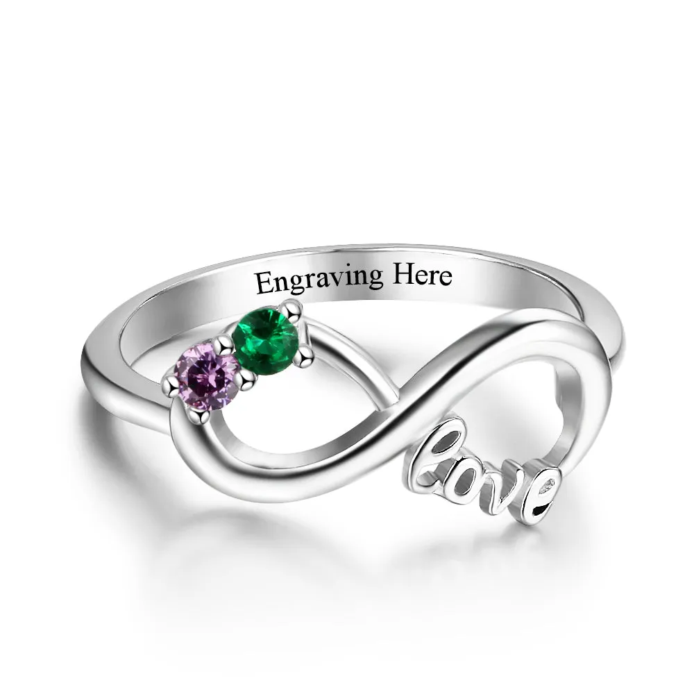 Custom Engraved 2 Stone LOVE Infinity Knot Promise Ring or Mother's Ring Sterling Silver
