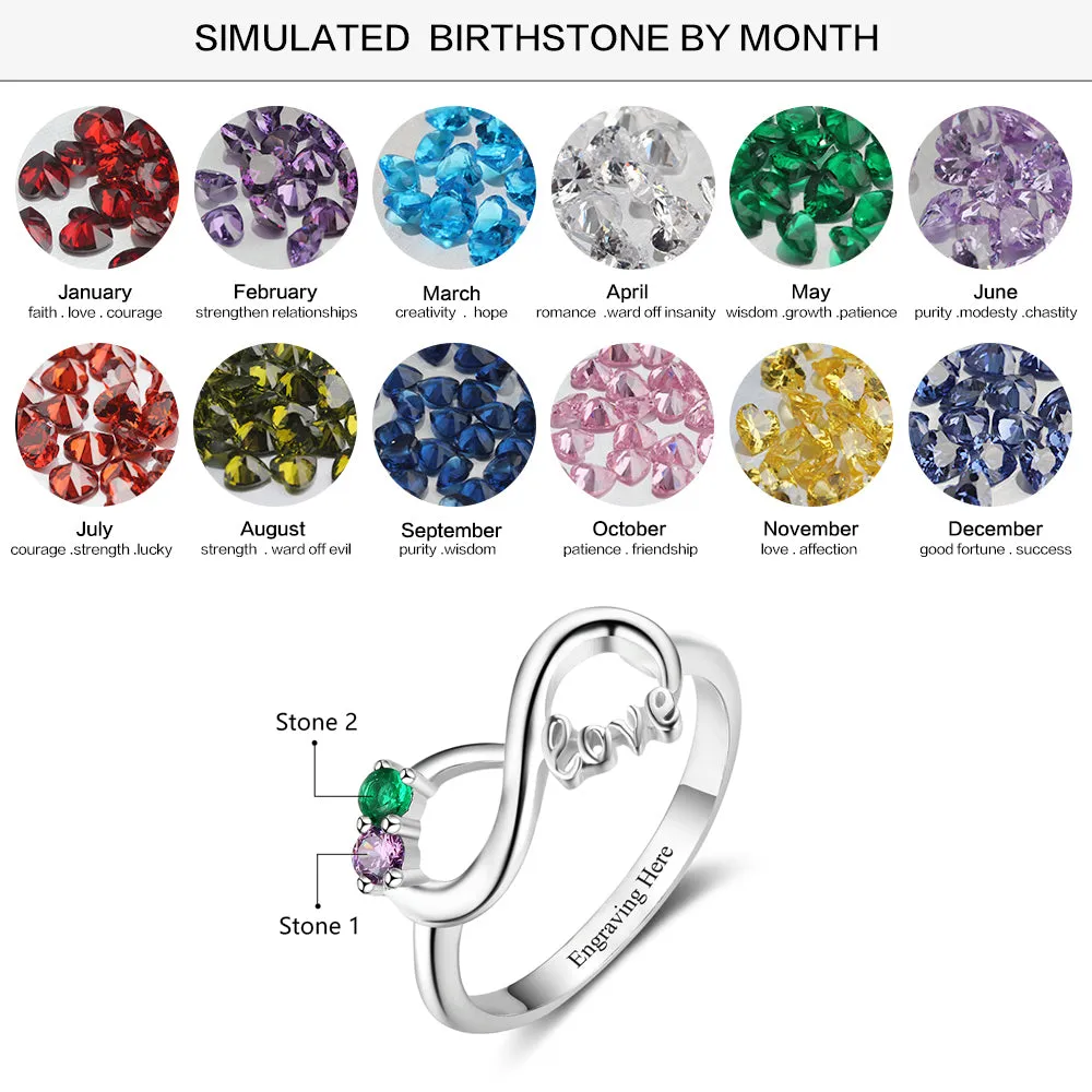 Custom Engraved 2 Stone LOVE Infinity Knot Promise Ring or Mother's Ring Sterling Silver