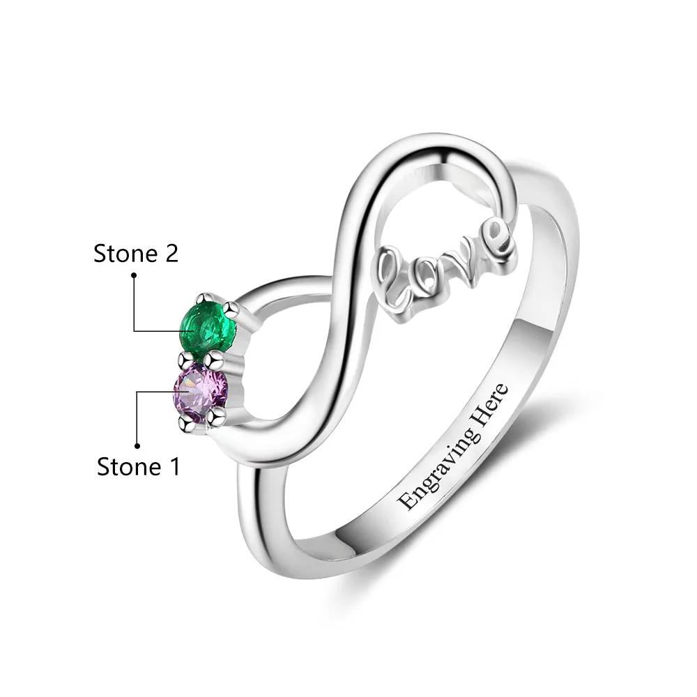 Custom Engraved 2 Stone LOVE Infinity Knot Promise Ring or Mother's Ring Sterling Silver