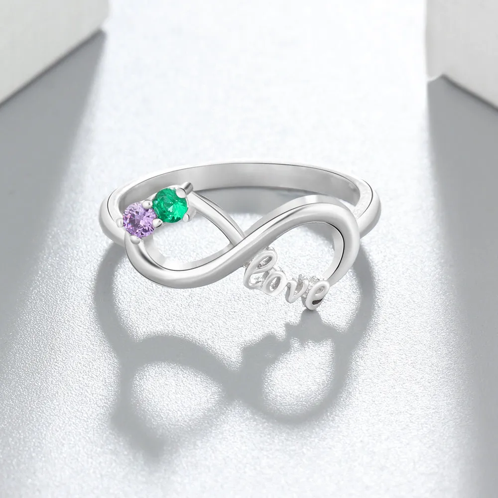 Custom Engraved 2 Stone LOVE Infinity Knot Promise Ring or Mother's Ring Sterling Silver