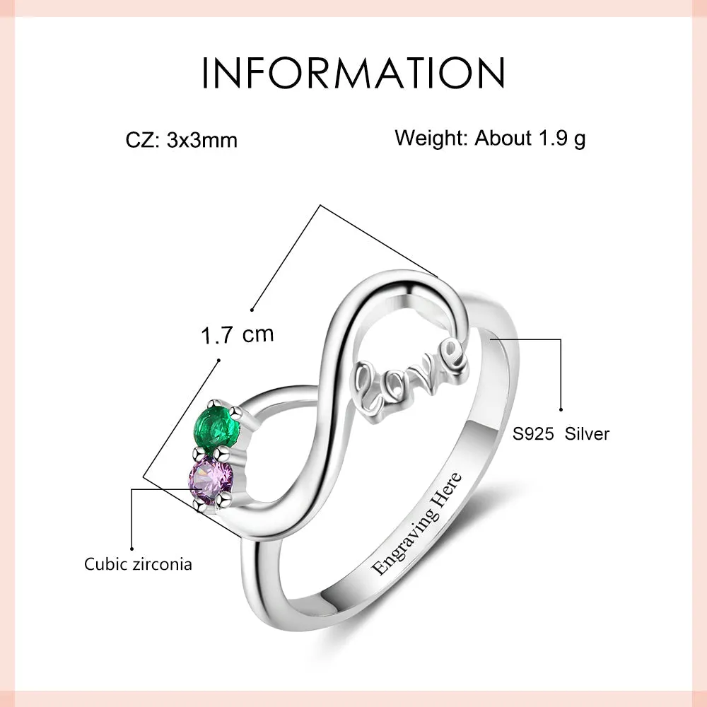 Custom Engraved 2 Stone LOVE Infinity Knot Promise Ring or Mother's Ring Sterling Silver