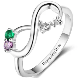 Custom Engraved 2 Stone LOVE Infinity Knot Promise Ring or Mother's Ring Sterling Silver