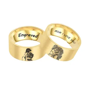 Customize Photo Text Couple Ring Promise for Dad and Mom Pair Memorial Jewelry His and Hers Matching Rings with Engraved Love Words Wide 10mm Stainless Steel Wedding Bands Set Gold Color
