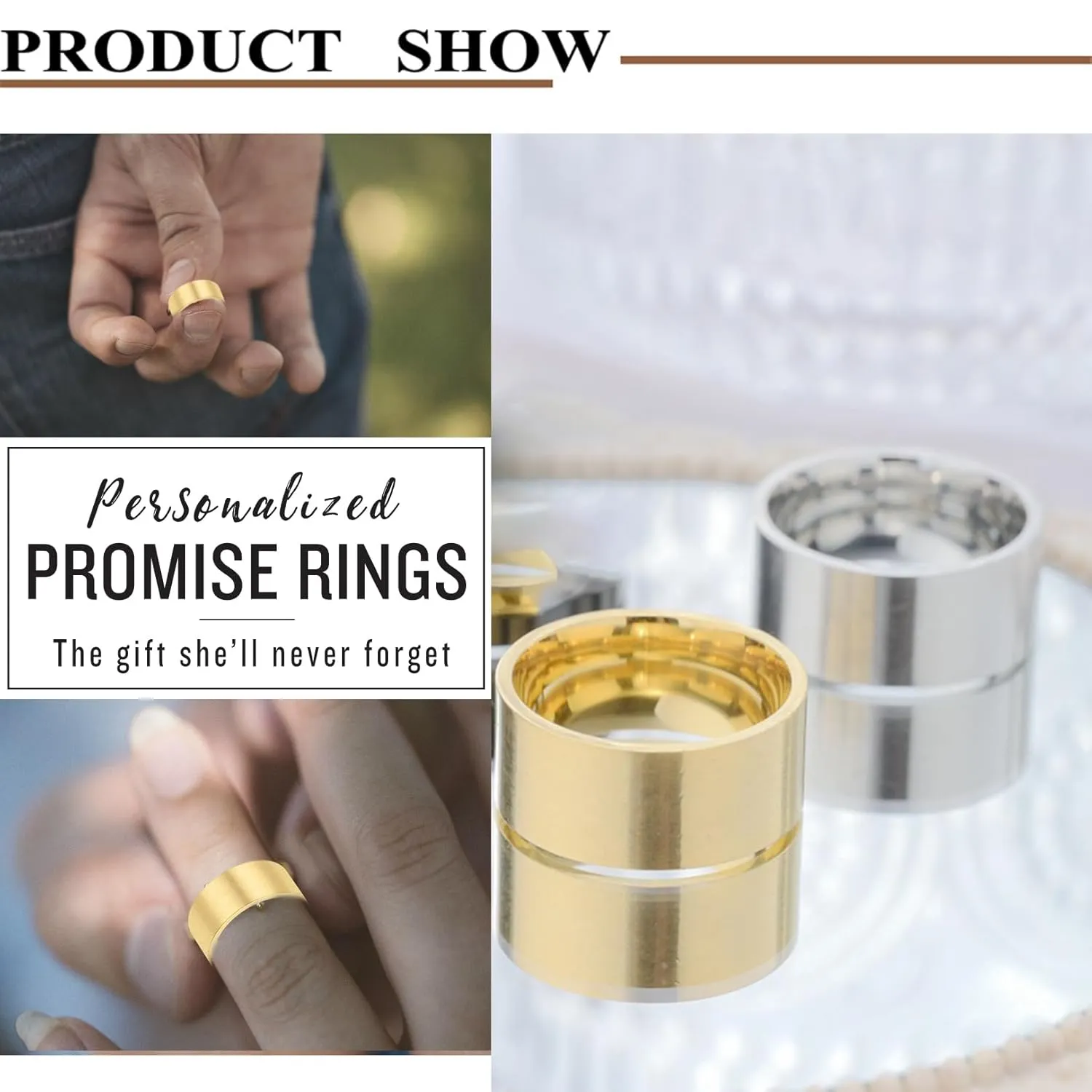 Customize Photo Text Couple Ring Promise for Dad and Mom Pair Memorial Jewelry His and Hers Matching Rings with Engraved Love Words Wide 10mm Stainless Steel Wedding Bands Set Gold Color