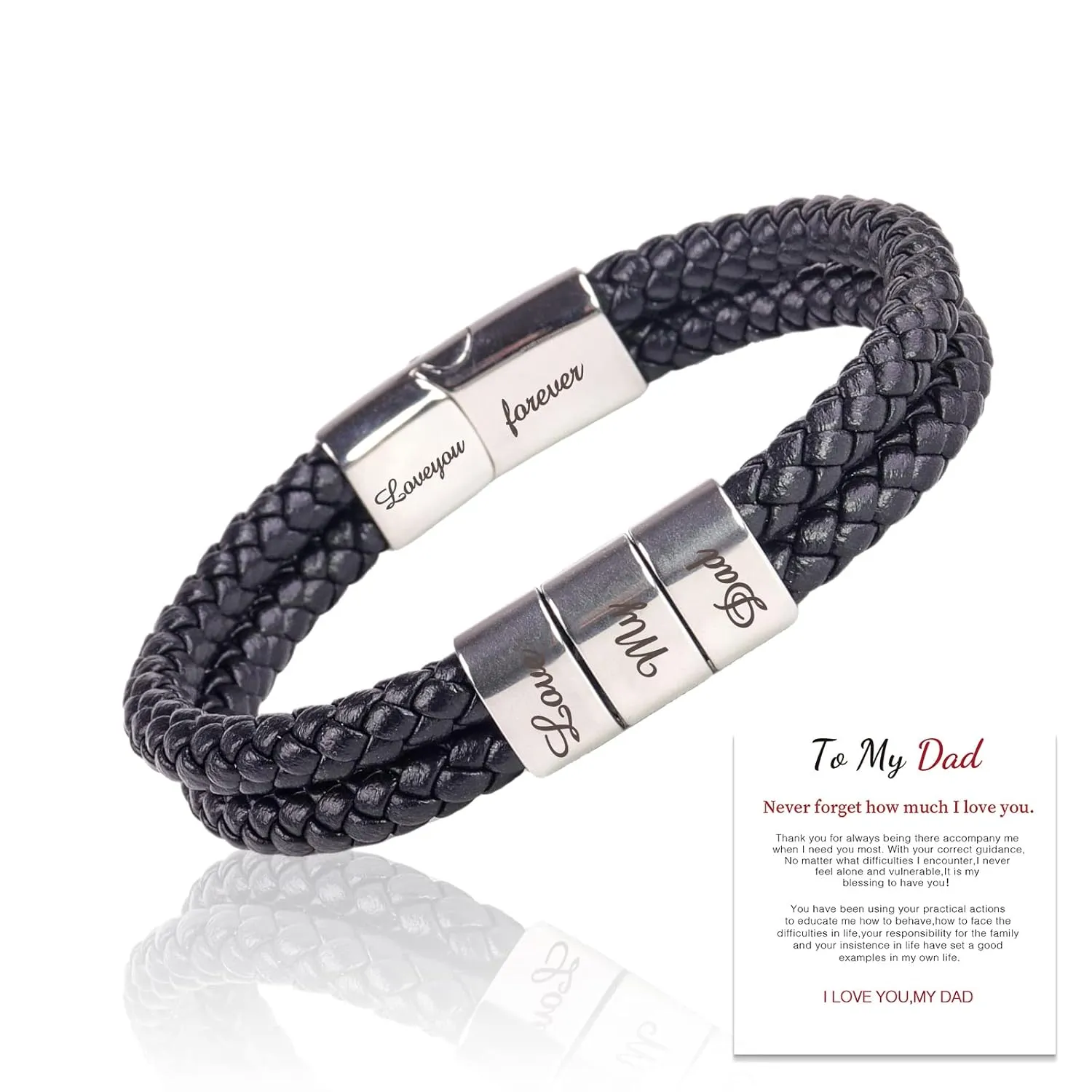 Customized Bracelet for Dad with Kids Names, To My Father Leather Bracelets for Men Stainless Steel Braided Cuff Bracelet, Birthday Christmas Thanksgiving Day Mens Jewelry Gifts