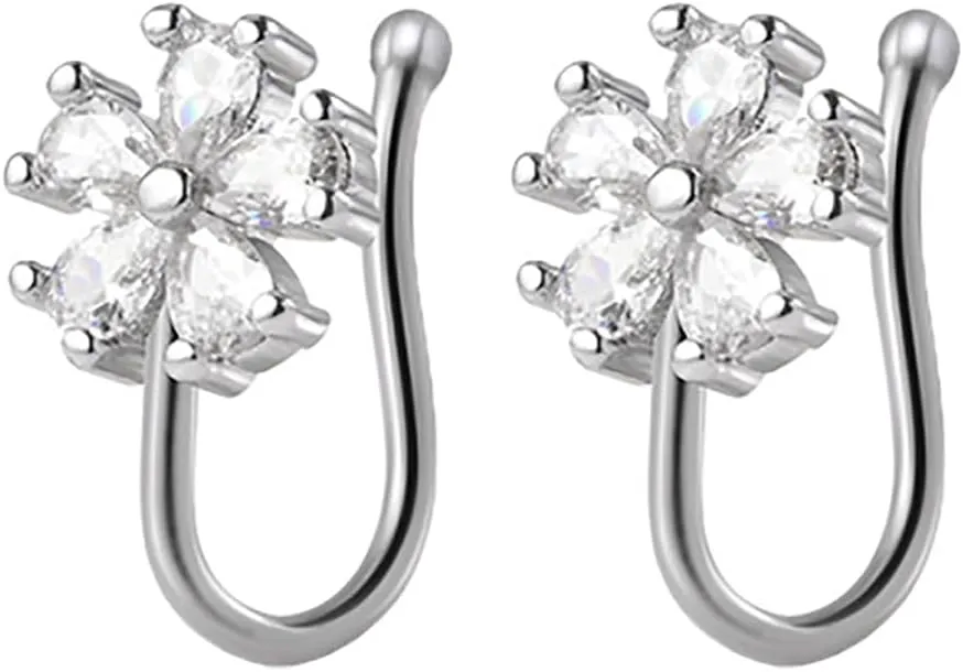 CZ Flower Fake Nose Rings for Women Stainless Steel Nose Cuff Adjustable Non Piercing Clip On Nose Rings Fake Nose Piercing Jewelry (Gold)