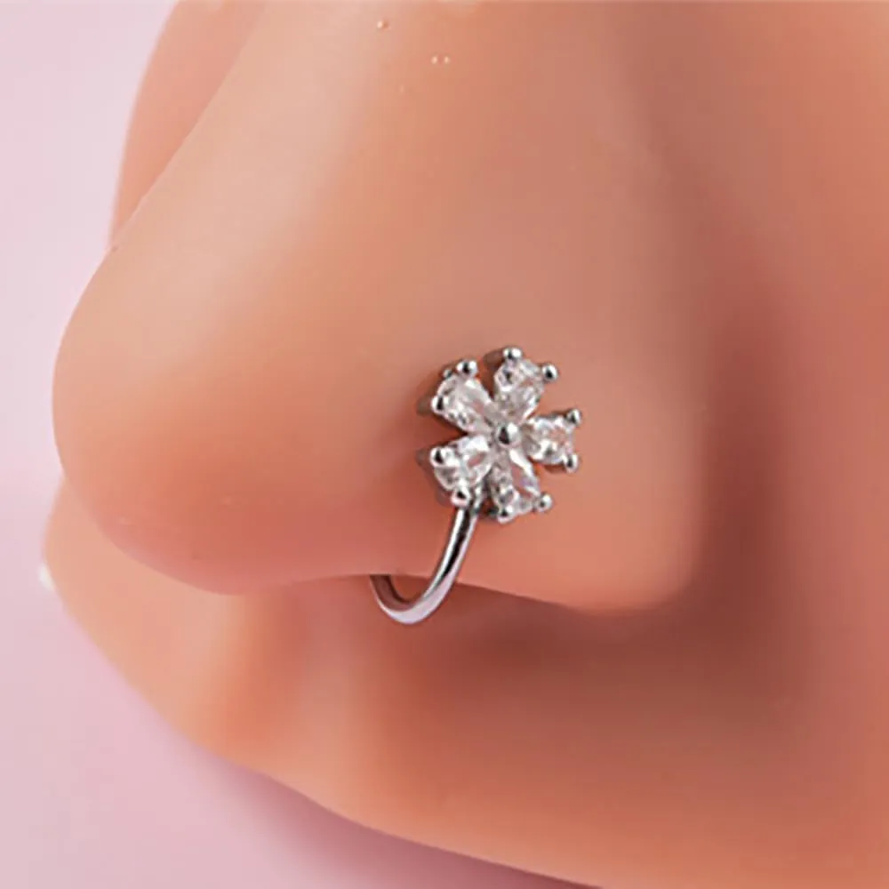 CZ Flower Fake Nose Rings for Women Stainless Steel Nose Cuff Adjustable Non Piercing Clip On Nose Rings Fake Nose Piercing Jewelry (Gold)