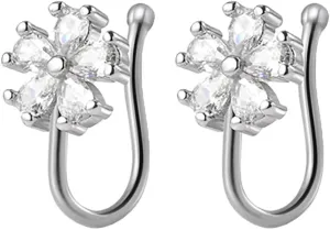 CZ Flower Fake Nose Rings for Women Stainless Steel Nose Cuff Adjustable Non Piercing Clip On Nose Rings Fake Nose Piercing Jewelry (Gold)