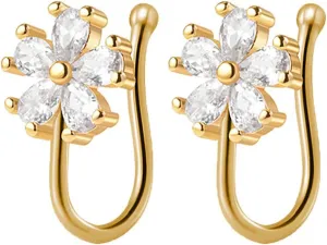 CZ Flower Fake Nose Rings for Women Stainless Steel Nose Cuff Adjustable Non Piercing Clip On Nose Rings Fake Nose Piercing Jewelry (Gold)