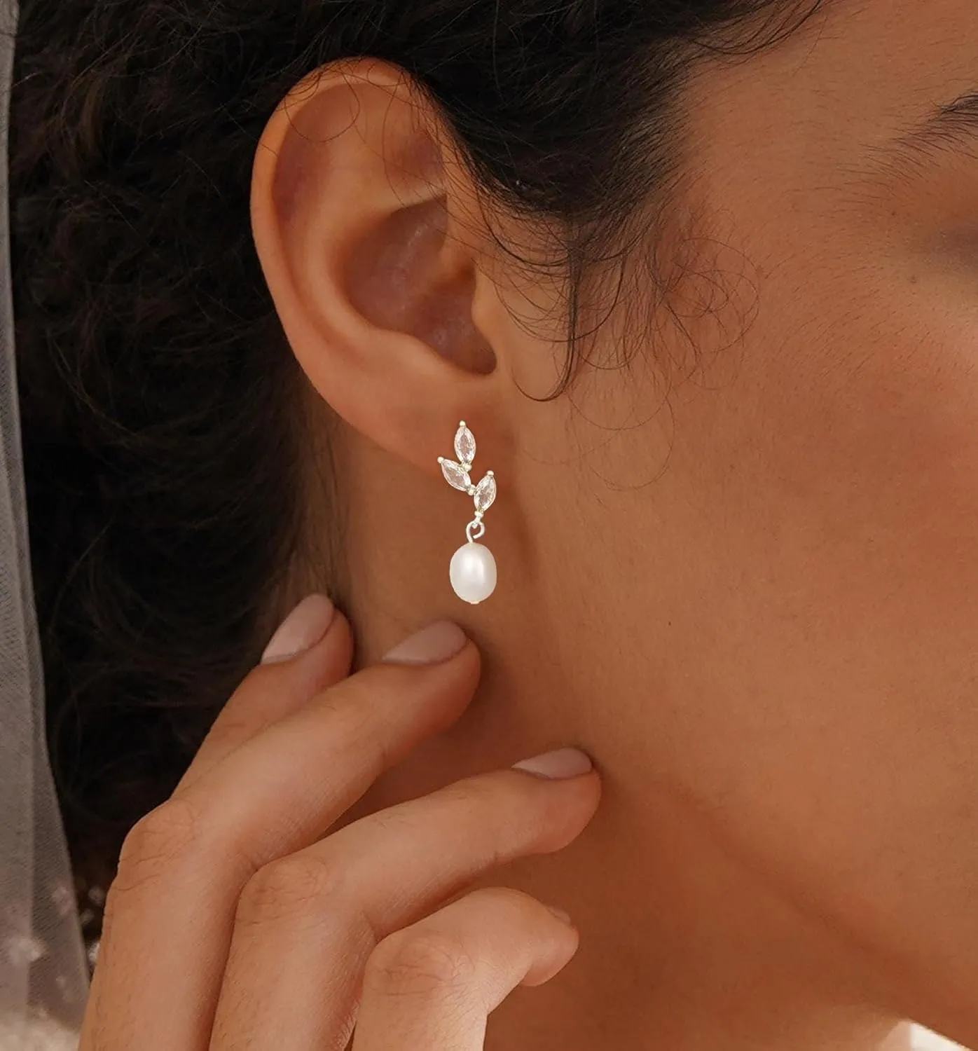 Dainty Gold Pearl Earrings for Women, Trendy 14k Gold Filled Freshwater CZ Leaf Bow Pearl Dangle Drop Earrings Lightweight Hypoallergenic Bridesmaid Stud Earring Wedding Statement Jewelry for Women Gifts