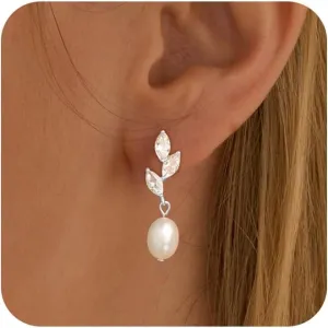 Dainty Gold Pearl Earrings for Women, Trendy 14k Gold Filled Freshwater CZ Leaf Bow Pearl Dangle Drop Earrings Lightweight Hypoallergenic Bridesmaid Stud Earring Wedding Statement Jewelry for Women Gifts