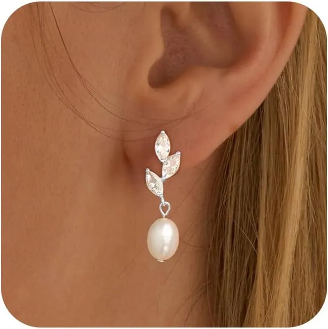 Dainty Gold Pearl Earrings for Women, Trendy 14k Gold Filled Freshwater CZ Leaf Bow Pearl Dangle Drop Earrings Lightweight Hypoallergenic Bridesmaid Stud Earring Wedding Statement Jewelry for Women Gifts
