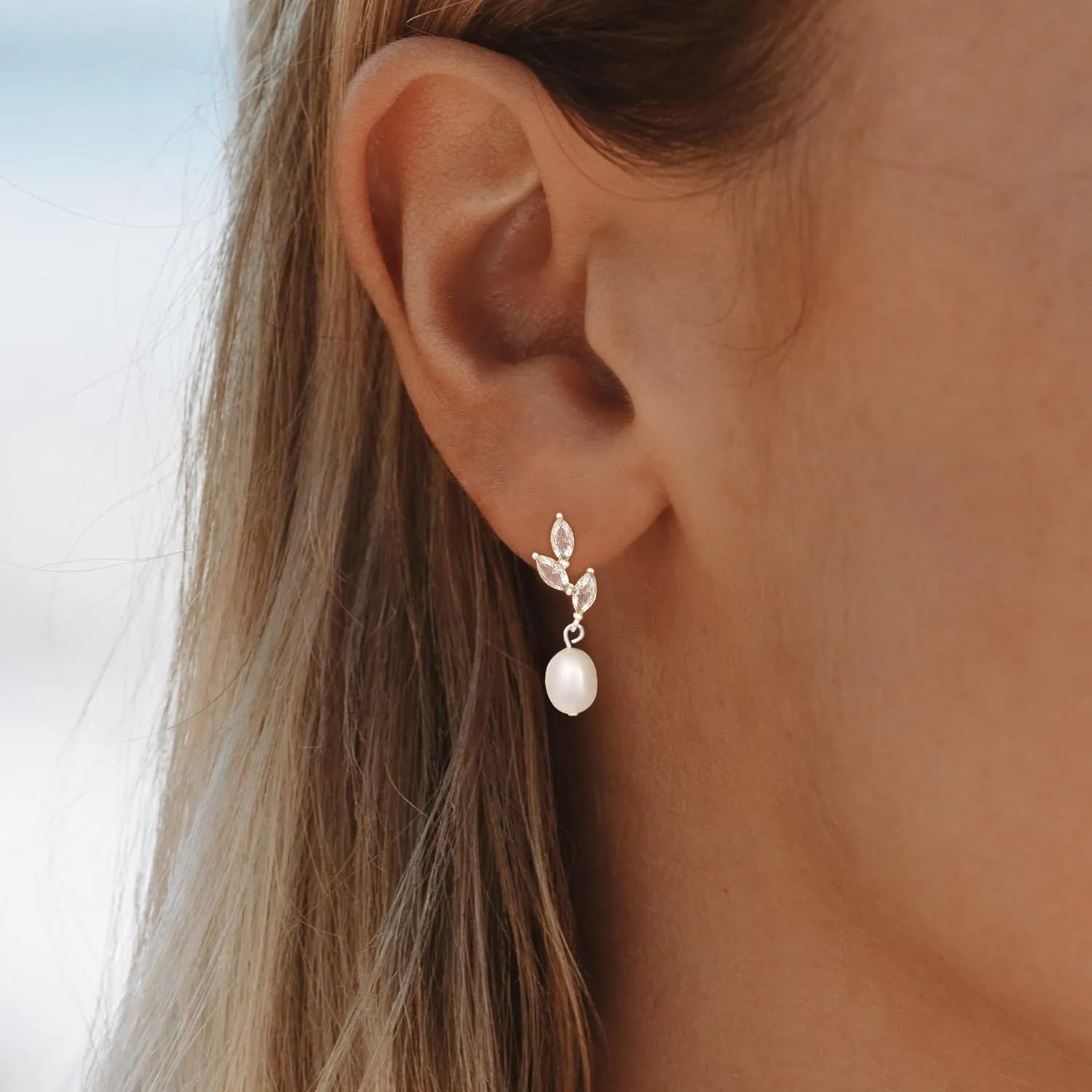 Dainty Gold Pearl Earrings for Women, Trendy 14k Gold Filled Freshwater CZ Leaf Bow Pearl Dangle Drop Earrings Lightweight Hypoallergenic Bridesmaid Stud Earring Wedding Statement Jewelry for Women Gifts