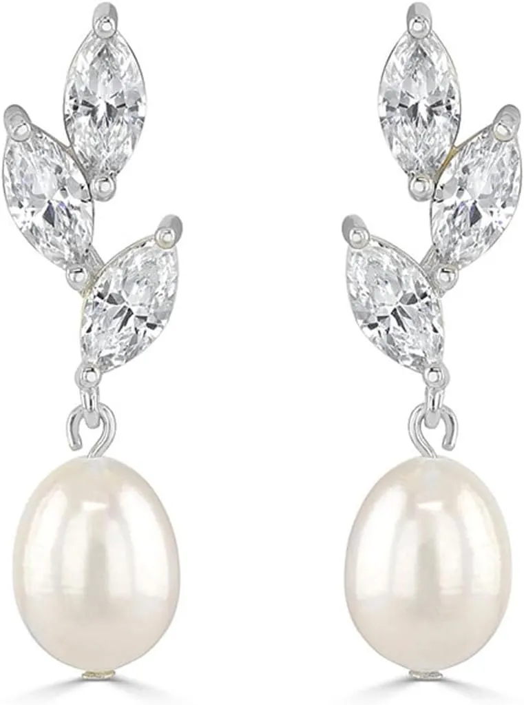 Dainty Gold Pearl Earrings for Women, Trendy 14k Gold Filled Freshwater CZ Leaf Bow Pearl Dangle Drop Earrings Lightweight Hypoallergenic Bridesmaid Stud Earring Wedding Statement Jewelry for Women Gifts