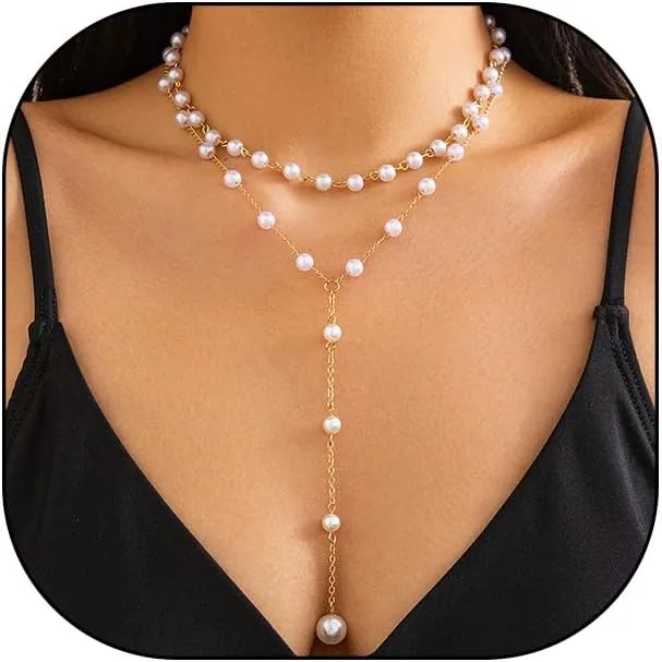 Dainty Imitation Pearl Necklace for Women Layered Stacked Pearl Necklace White Pearl Beadeds Choker Necklace Y-Shaped Pearl Pendant Long Necklace Simple Wedding Birthday Gifts Bridesmaid Charm Jewelry