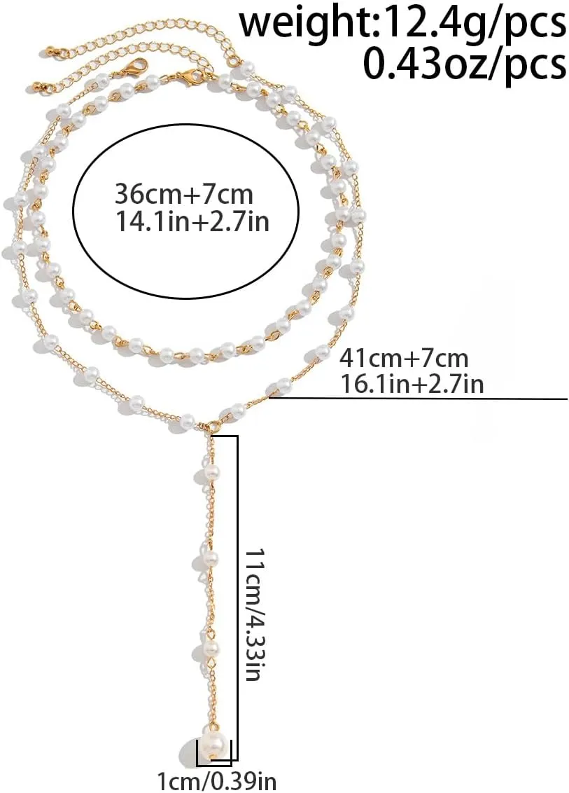 Dainty Imitation Pearl Necklace for Women Layered Stacked Pearl Necklace White Pearl Beadeds Choker Necklace Y-Shaped Pearl Pendant Long Necklace Simple Wedding Birthday Gifts Bridesmaid Charm Jewelry