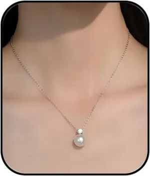 Dainty Rhinestone Pearl Necklace for Women Cubic Zirconia Crystal Pearl Pendant Necklace Small Cute Single Pearl Choker Necklace Simple Bridal Necklace for Wedding