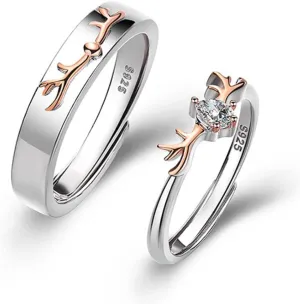 Deer Antlers Promise Rings for Couples Her,Matching Rings Adjustable for Best Friends, Adjustable Simplicity Couples Rings for him and her Set,Elk Head Couple Engagement Valentine's Day Gifts