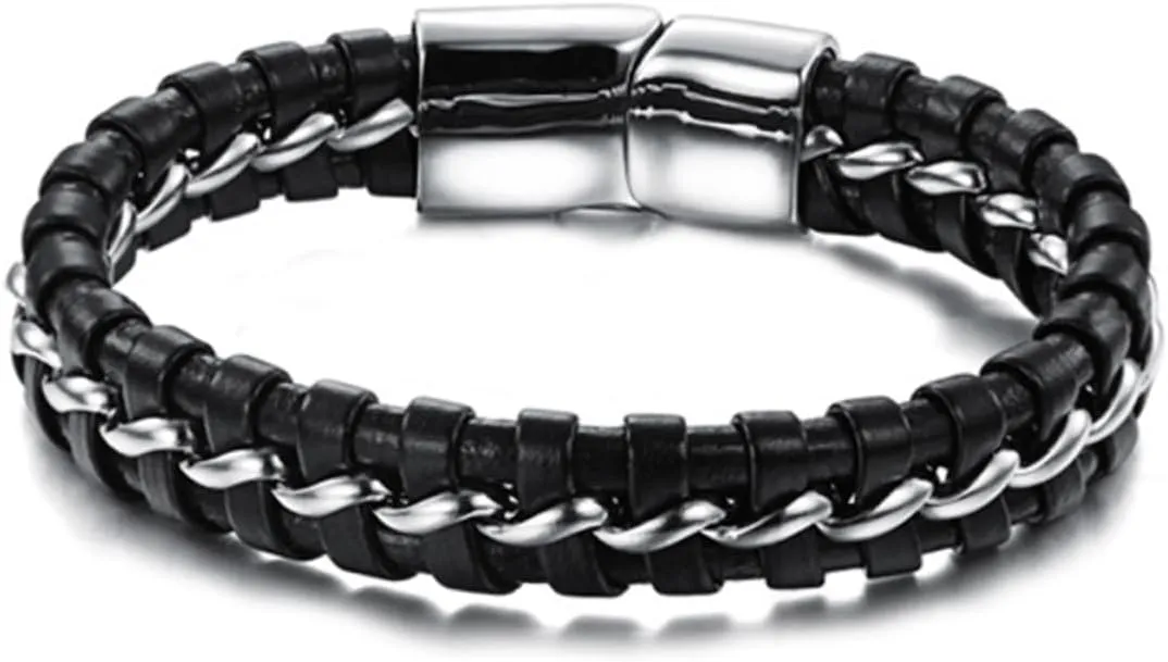 Didiseaon Men's Black Leather Braided Bracelet Stylish Silver Tone Stainless Steel Cuff Wristband for Men Accessory for Casual Formal Wear