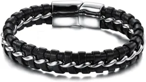 Didiseaon Men's Black Leather Braided Bracelet Stylish Silver Tone Stainless Steel Cuff Wristband for Men Accessory for Casual Formal Wear