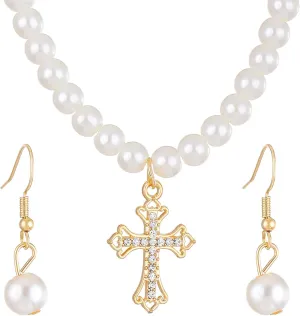 Dreuyet Faux Pearl Earring Necklaces Set for Women Elegant Vintage Pearl Cross Heart Ship Rudder Dangle Drop Earrings Handmade Chunky Pearl Necklaces With Cubic Zirconia Jewelry for Brides, Bridesmaid, Mother's Day
