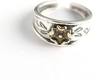 Earrings for Ladies Adjustable Ring Women, S925 Sterling Metal Vintage Wide Face metalen Flower Engraving Leaf Ethnic Adjustable Open Knuckle Tail Ring Finger Joint Toe Ring Schmu