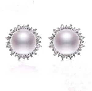 Earrings Pearl Stud Earrings 925 Sterling Silver Sunflower Freshwater Cultured Pearl Cubic Zirconia