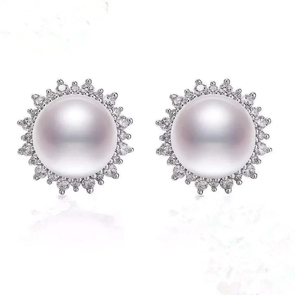 Earrings Pearl Stud Earrings 925 Sterling Silver Sunflower Freshwater Cultured Pearl Cubic Zirconia