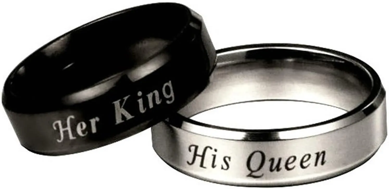 Engraved Ring Couple Couple Ring Wedding,Couple Wedding Rings Stainless Steel Black Silver Ring with 6MM His Queen Her King Wedding Rings Couple
