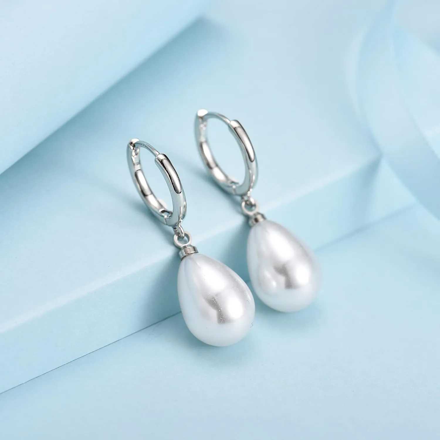 EPIRORA Sterling Silver Simulated Shell Pearl Hoop Earrings Cubic Zirconia Dangle Drop Earrings Jewelry for Women 10mm, Silver/Gold