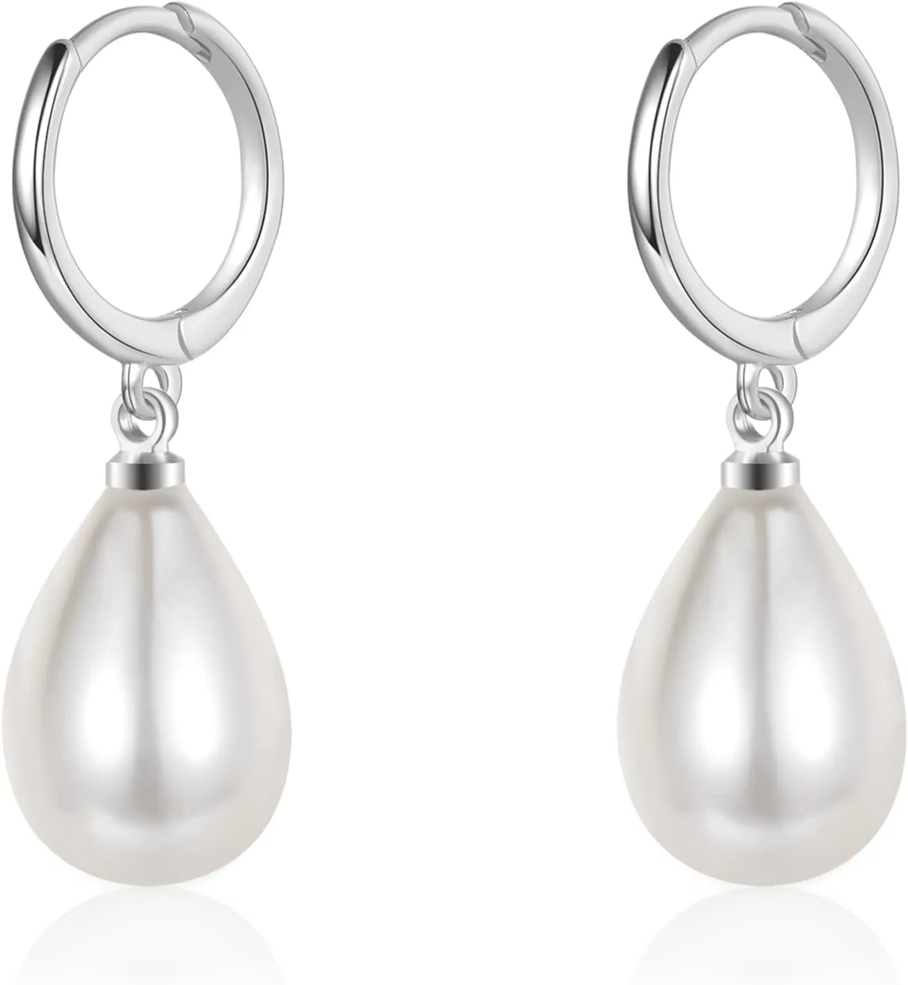 EPIRORA Sterling Silver Simulated Shell Pearl Hoop Earrings Cubic Zirconia Dangle Drop Earrings Jewelry for Women 10mm, Silver/Gold