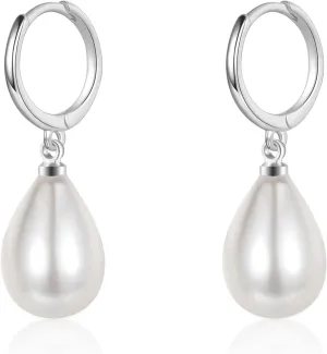 EPIRORA Sterling Silver Simulated Shell Pearl Hoop Earrings Cubic Zirconia Dangle Drop Earrings Jewelry for Women 10mm, Silver/Gold