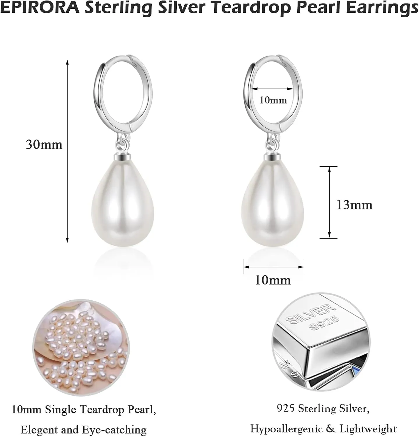 EPIRORA Sterling Silver Simulated Shell Pearl Hoop Earrings Cubic Zirconia Dangle Drop Earrings Jewelry for Women 10mm, Silver/Gold