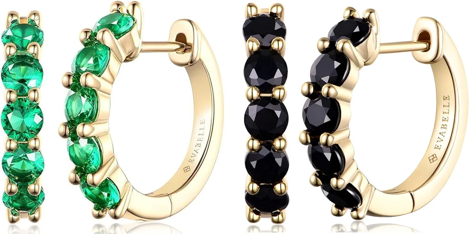 Evabelle 2 Pieces Gold Hoop Earrings for Women 14K Real Gold Plated Black Huggie Hoop Earring for Men Diamond Cut Cubic Zirconia Cuff Earrings s925 Sterling Silver Post Hypoallergenic