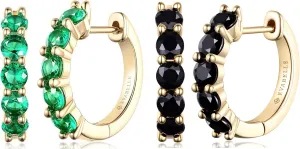 Evabelle 2 Pieces Gold Hoop Earrings for Women 14K Real Gold Plated Black Huggie Hoop Earring for Men Diamond Cut Cubic Zirconia Cuff Earrings s925 Sterling Silver Post Hypoallergenic