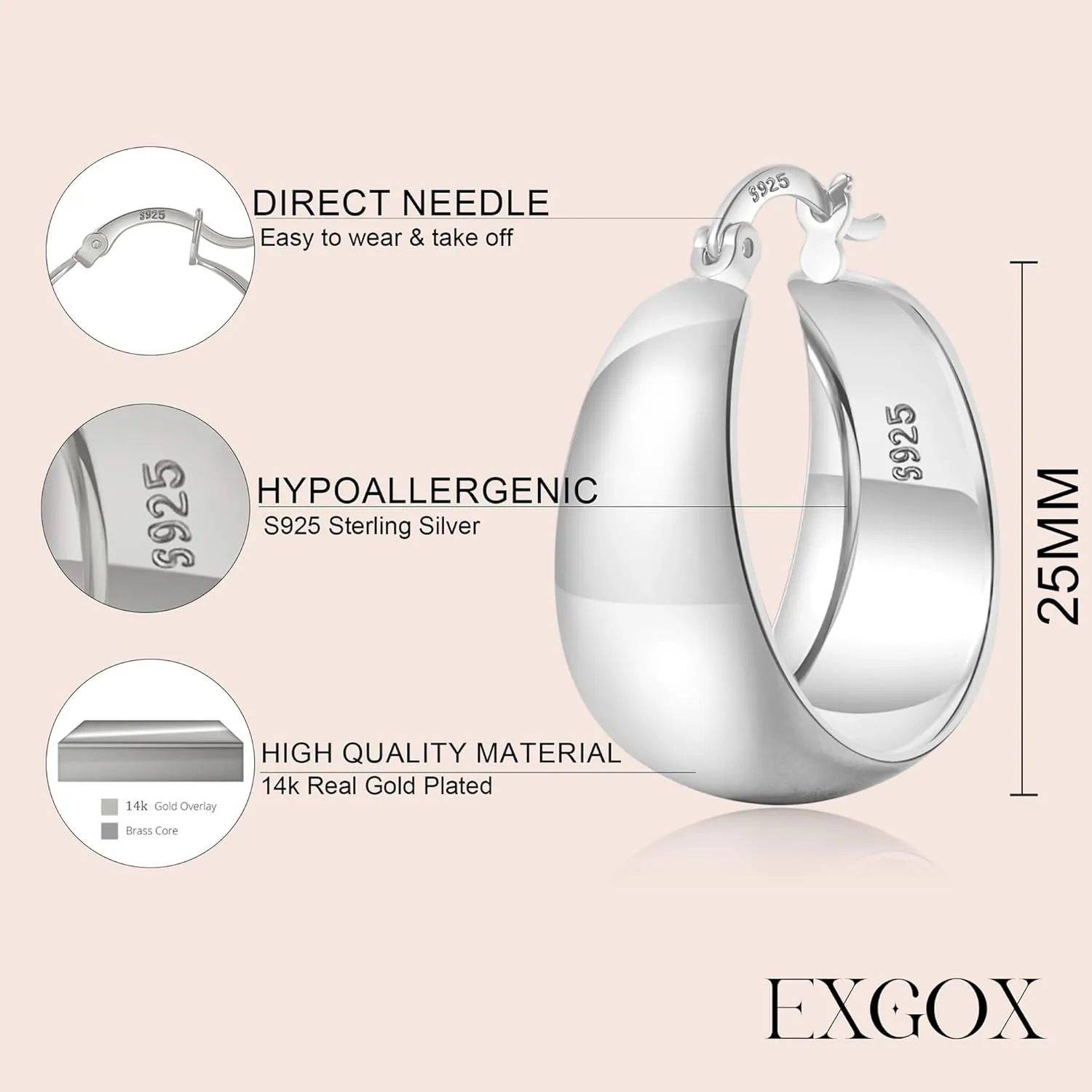 EXGOX Gold Hoop Earrings for Women Sterling Silver Post Hoops Earrings for Women Wide Thick Silver Hoop Earrings Hypoallergenic Lightweight 14k Real Gold Plated Hoop Large Earrings (25/30/40/50MM)