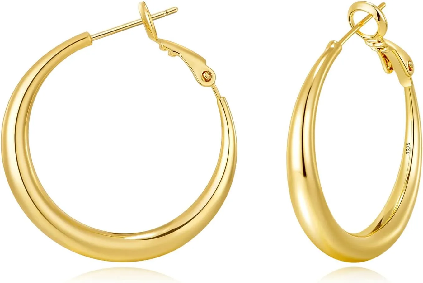 EXGOX Sterling Silver Hoop Earrings - Hypoallergenic, Lightweight, Chunky, 14K Real Gold Plated, Big Large Hoops for Women