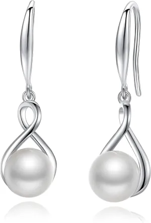 Fancime Sterling Silver Infinity Dangle Pearl Earrings with 9-10mm/8-8.5mm Genuine Quality Freshwater Cultured Pearls