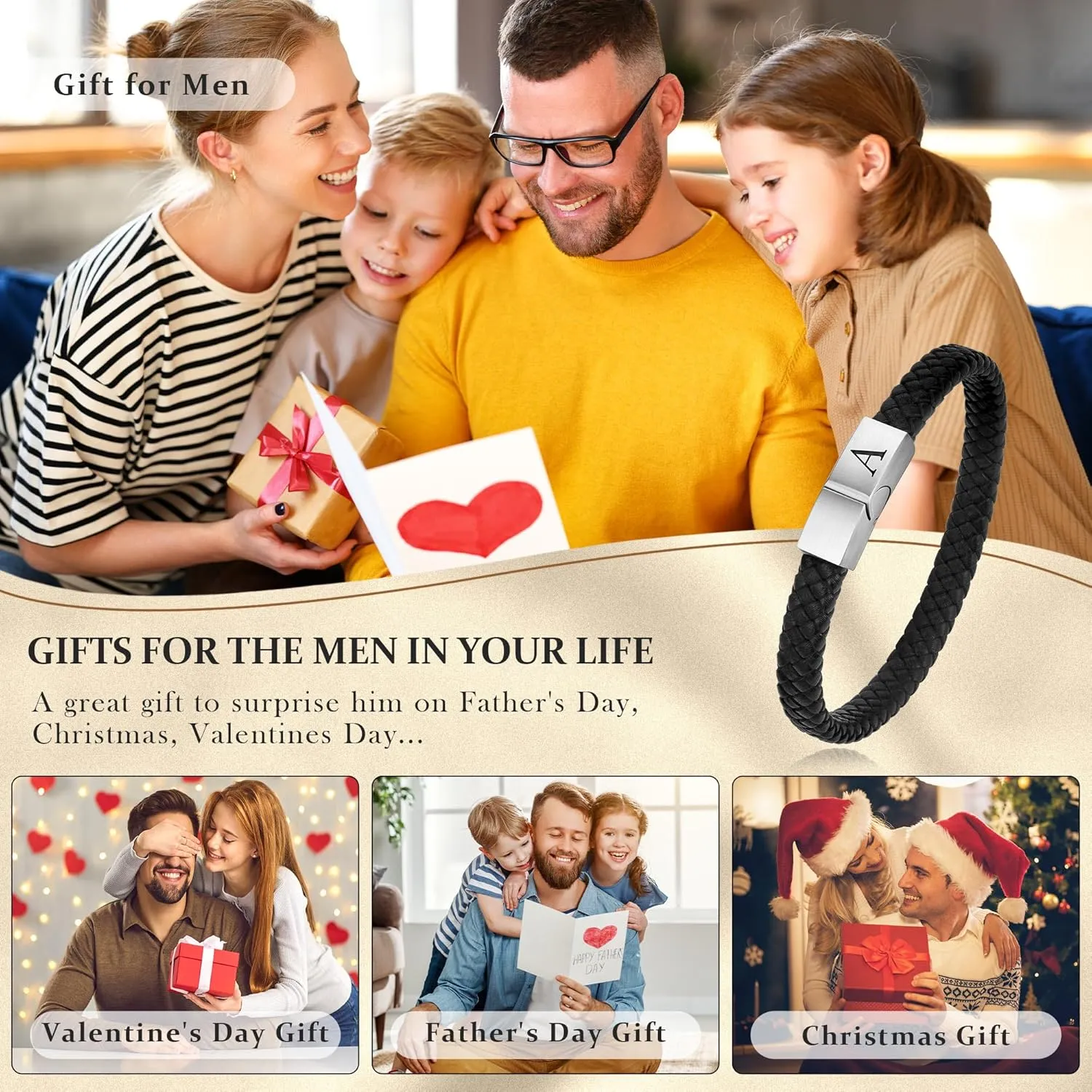 Father's Gifts for Dad Mens Bracelet - Premium Genuine Leather Adjustable Stainless Steel Magnetic Clasp Mens Initial Bracelet, Unique Gifts for Men Husband Dad Son