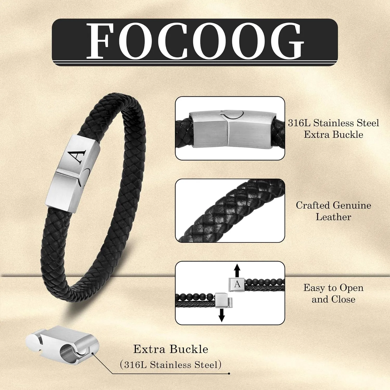 Father's Gifts for Dad Mens Bracelet - Premium Genuine Leather Adjustable Stainless Steel Magnetic Clasp Mens Initial Bracelet, Unique Gifts for Men Husband Dad Son