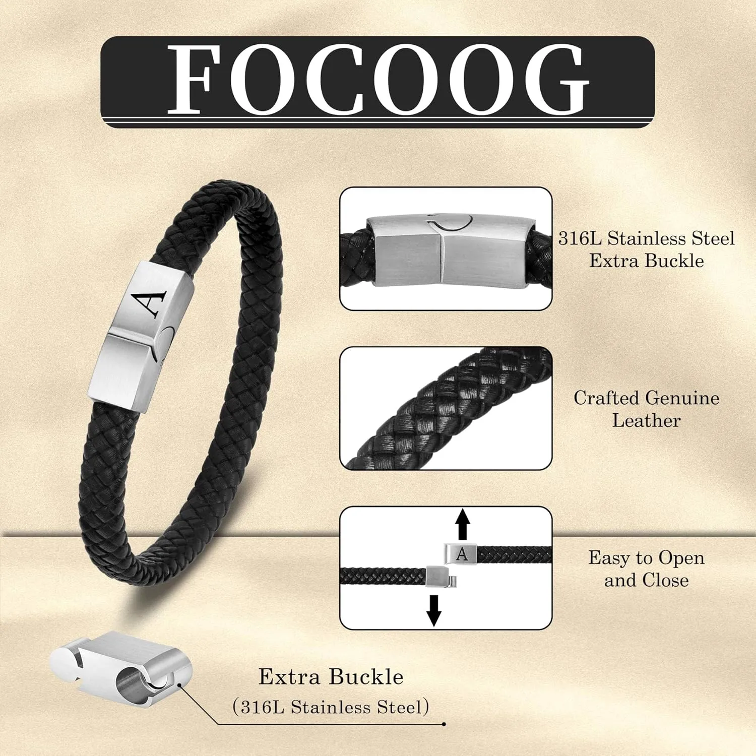 Father's Gifts for Dad Mens Bracelet - Premium Genuine Leather Adjustable Stainless Steel Magnetic Clasp Mens Initial Bracelet, Unique Gifts for Men Husband Dad Son