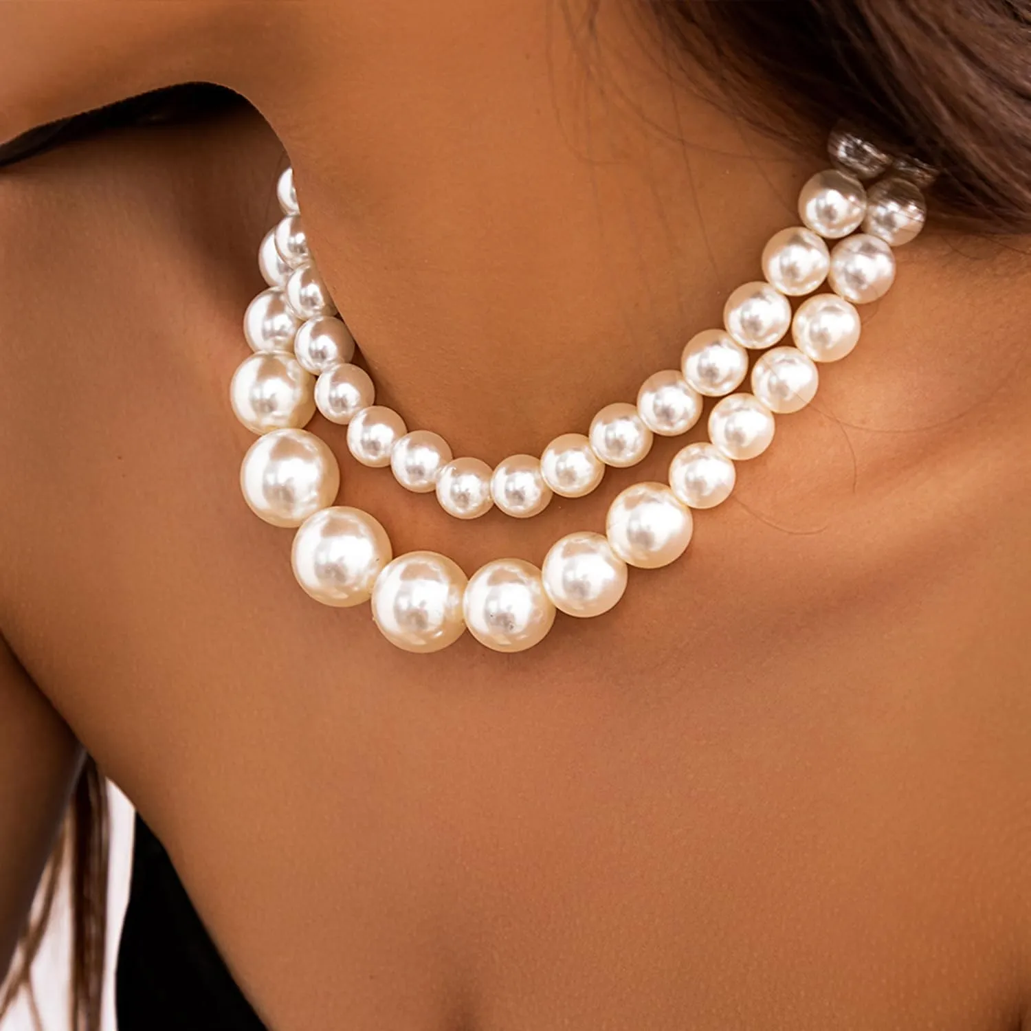 Faux Pearls Beaded Necklaces - Stackable Layered Choker Necklace - Large Pearl Statement Necklace - Bridal Wedding Party Jewelry Gift