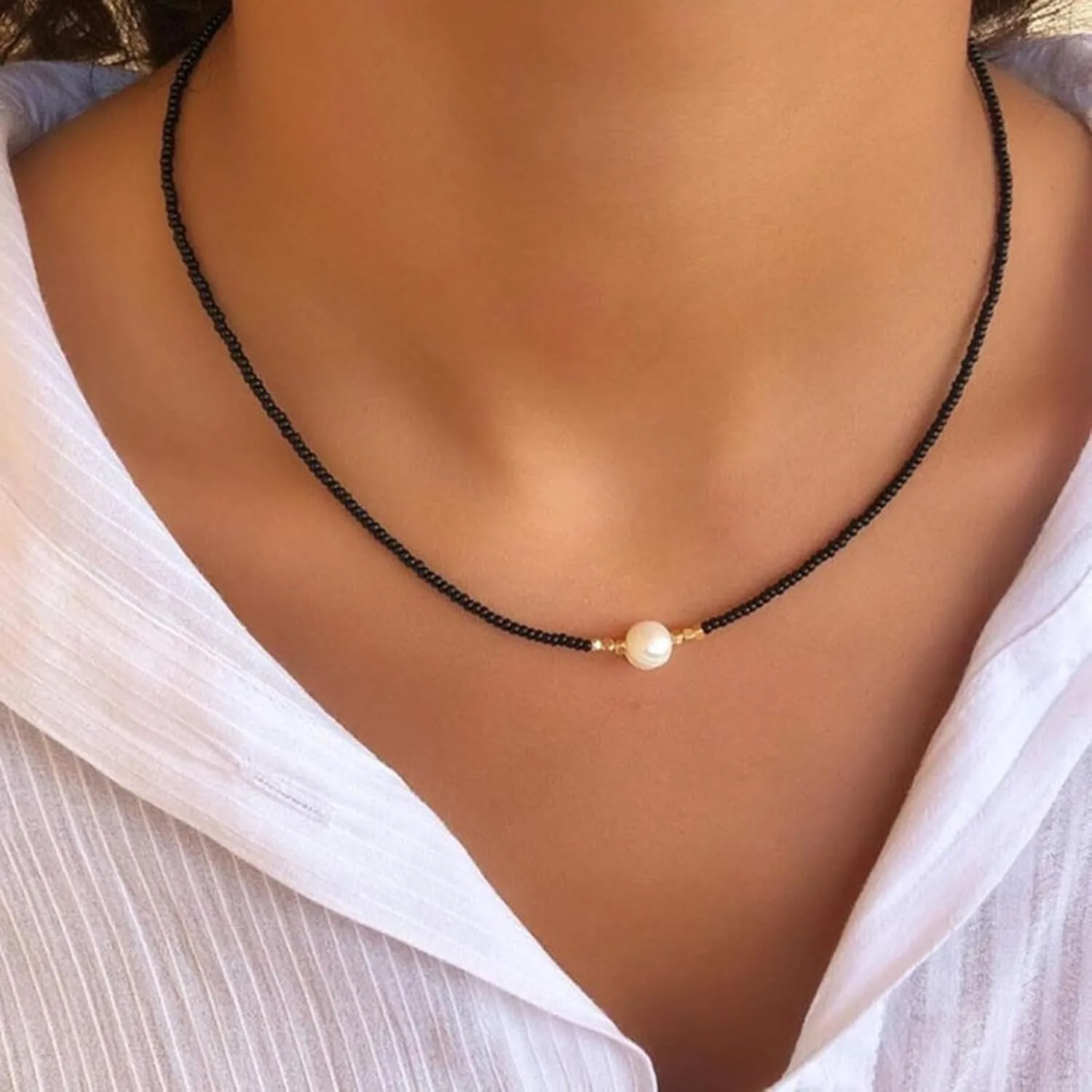 Freshwater Pearl Necklace, Natural Pearl Choker Necklace, Dainty Pearl Pendant Necklaces, Jewelry Gift for Women (White)