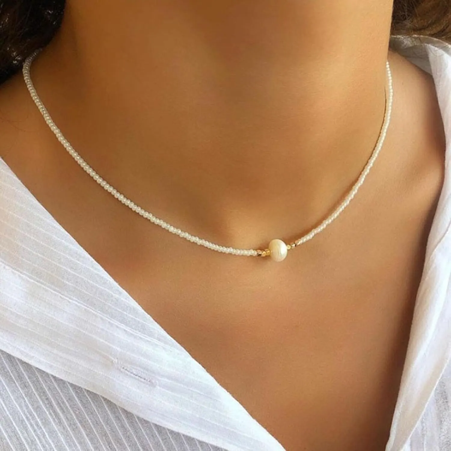 Freshwater Pearl Necklace, Natural Pearl Choker Necklace, Dainty Pearl Pendant Necklaces, Jewelry Gift for Women (White)