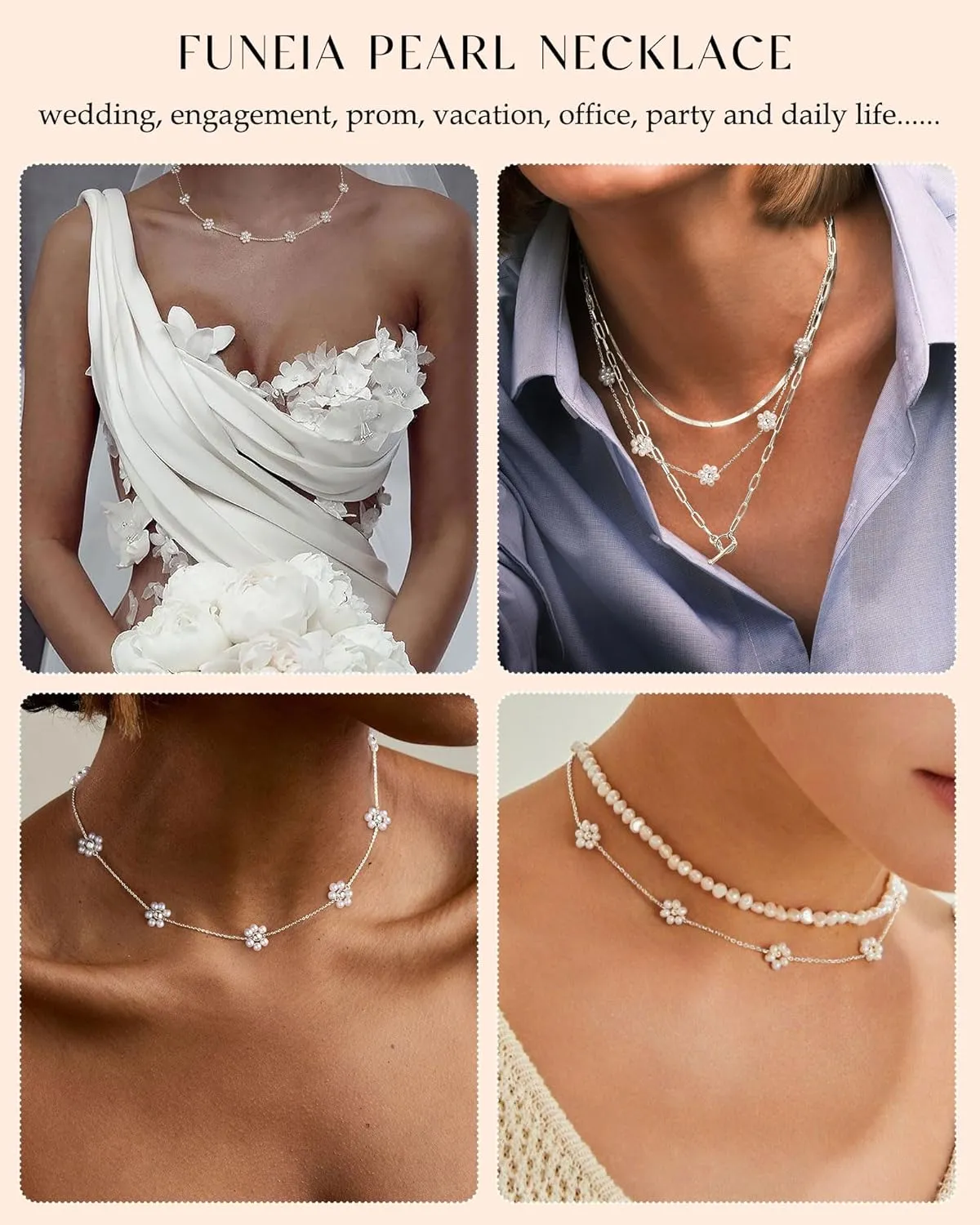 FUNEIA Dainty Pearl Necklace for Women 14K Gold Plated Faux Pearl Choker Necklaces Trendy White Silver Small Pearl Necklace Strand Wedding Prom Bridal Pearls Jewelry 14/16/18/20 Inches