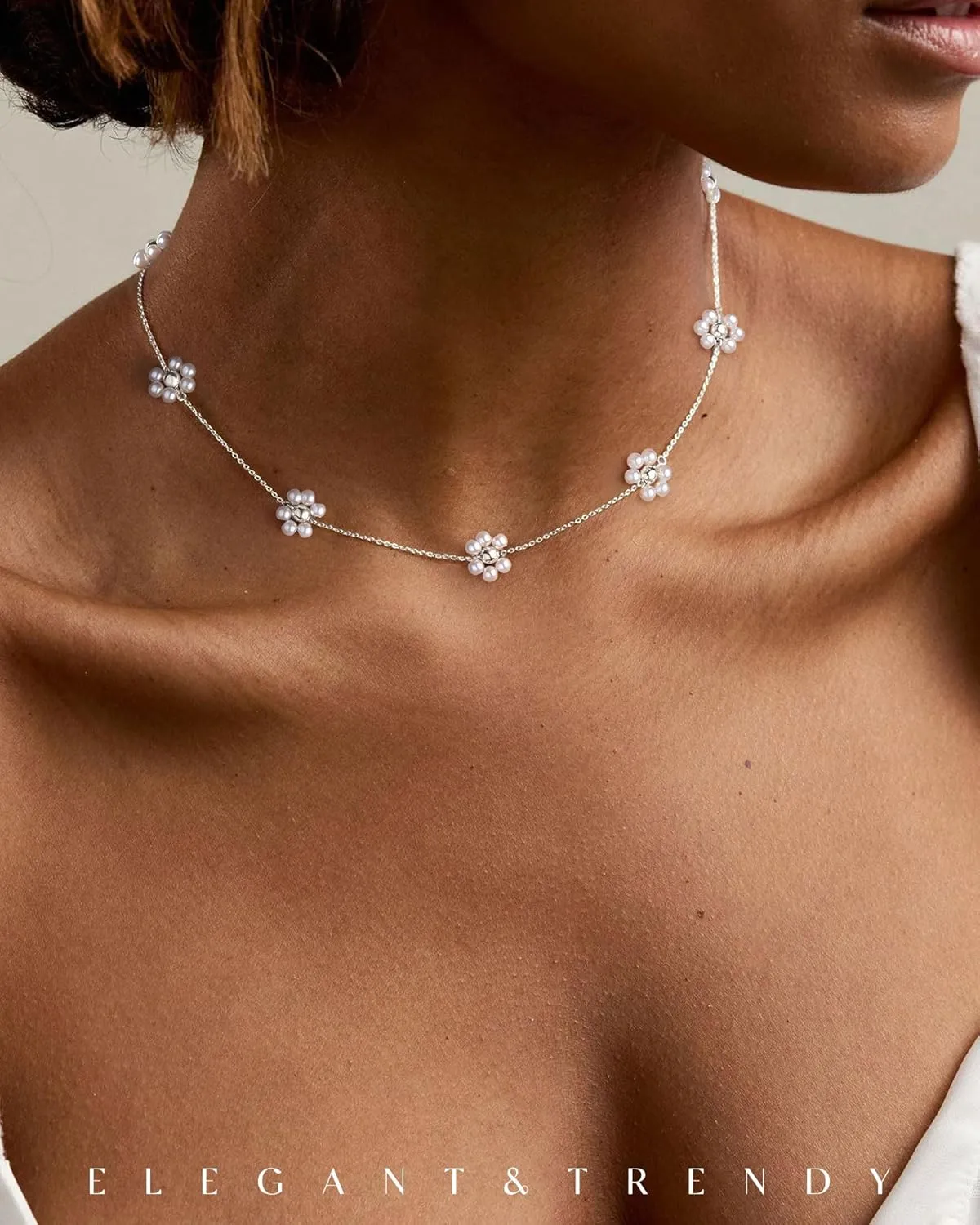 FUNEIA Dainty Pearl Necklace for Women 14K Gold Plated Faux Pearl Choker Necklaces Trendy White Silver Small Pearl Necklace Strand Wedding Prom Bridal Pearls Jewelry 14/16/18/20 Inches