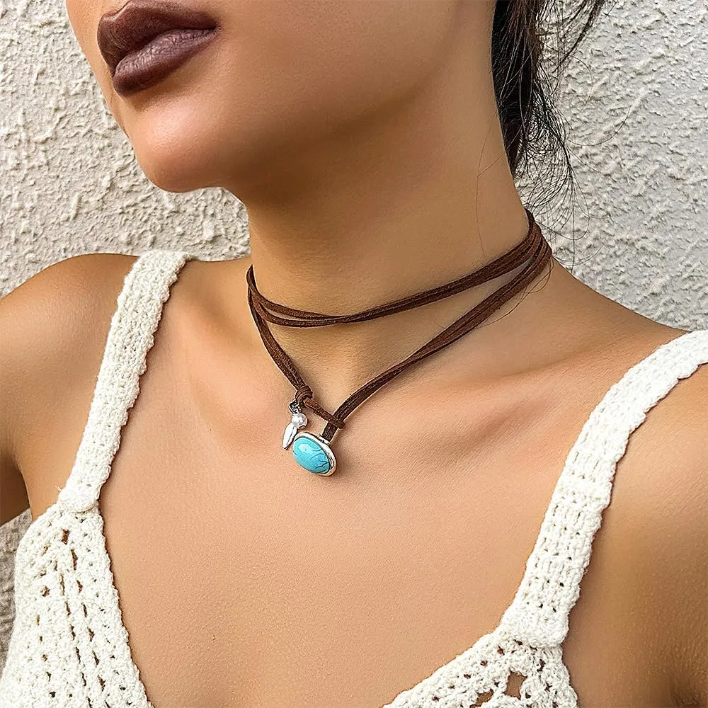 FUTIMELY Brown Suede Turquoise Choker Necklaces for Women, Dainty Unique Velvet Ribbon Bohemian Western Cowgirl Necklaces, Layered Trendy Jewelry Gifts