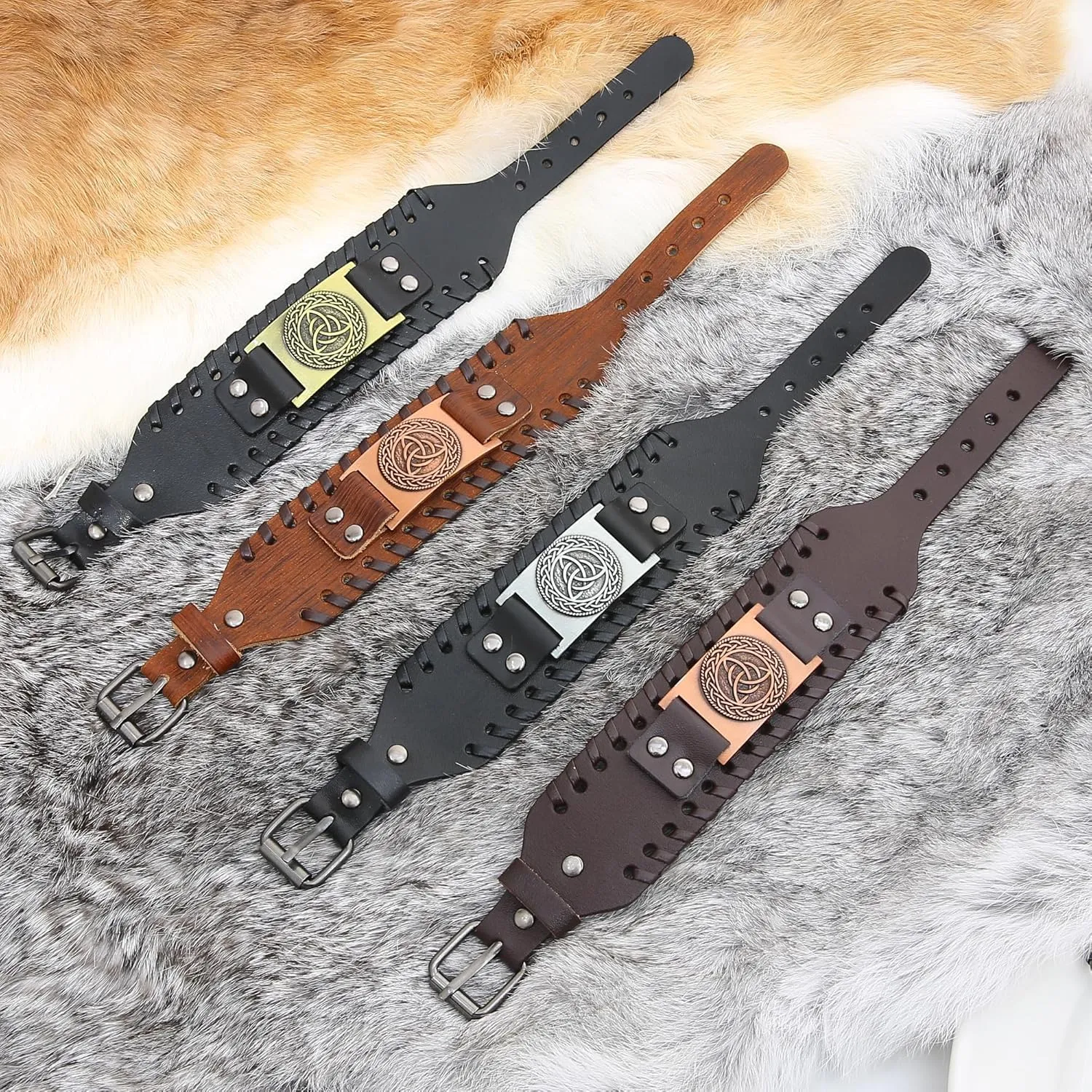 GelConnie Viking Bracelet Punk Leather Cuff Bracelet Gothic Leather Wristband Bracelet with Nordic Amulet Scandinavian Talisman Celtic Pagan Jewelry